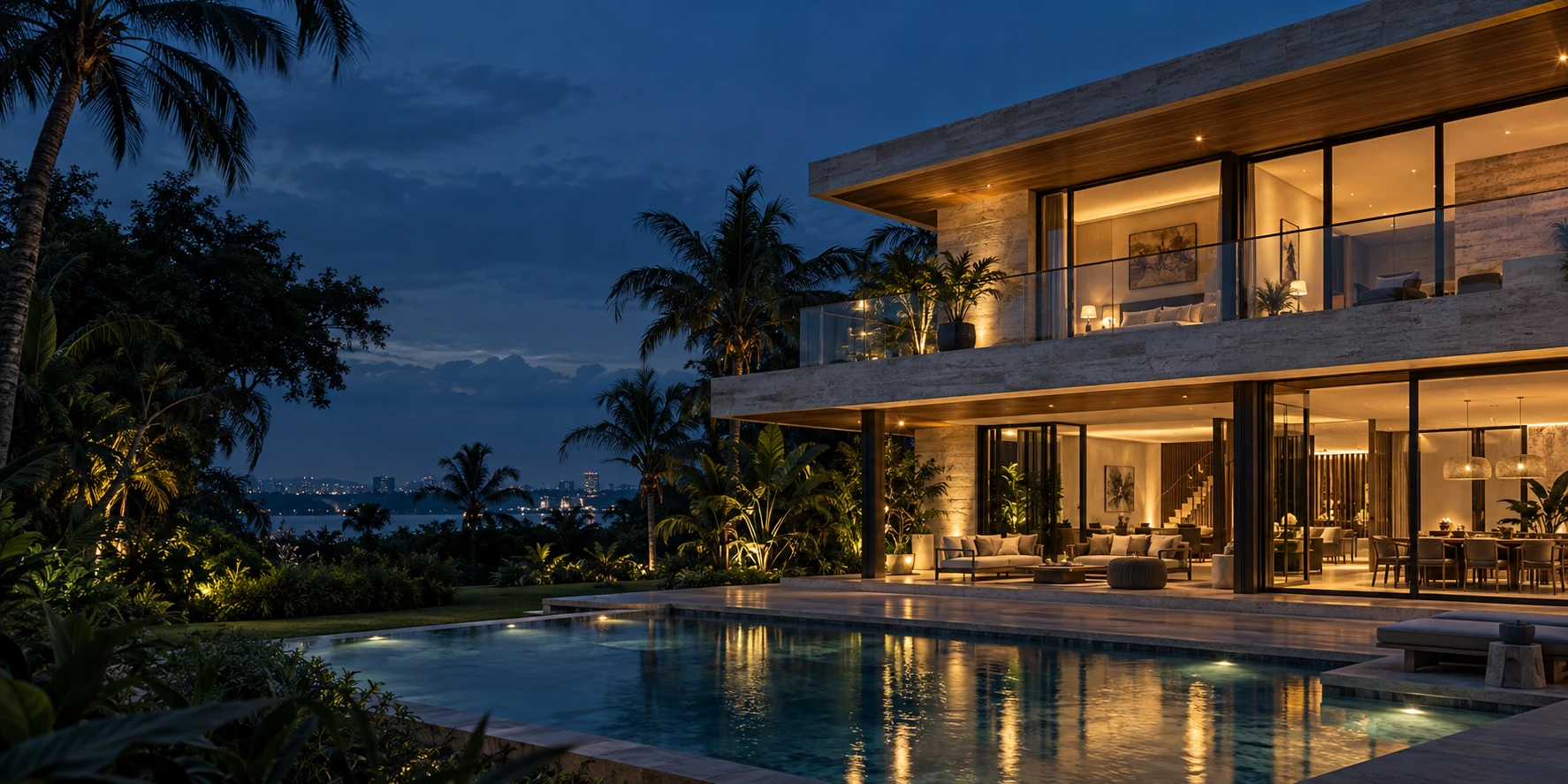 Villa contemporaine entourée de palmiers, baies vitrées et éclairages chaleureux au crépuscule