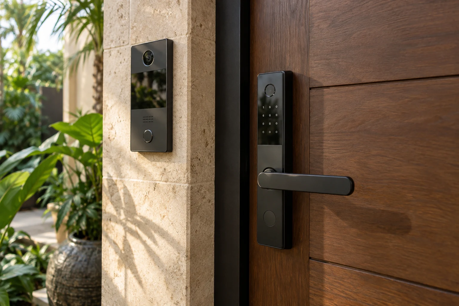 Serrure connectée sur une porte en bois et interphone vidéo sur le mur adjacent