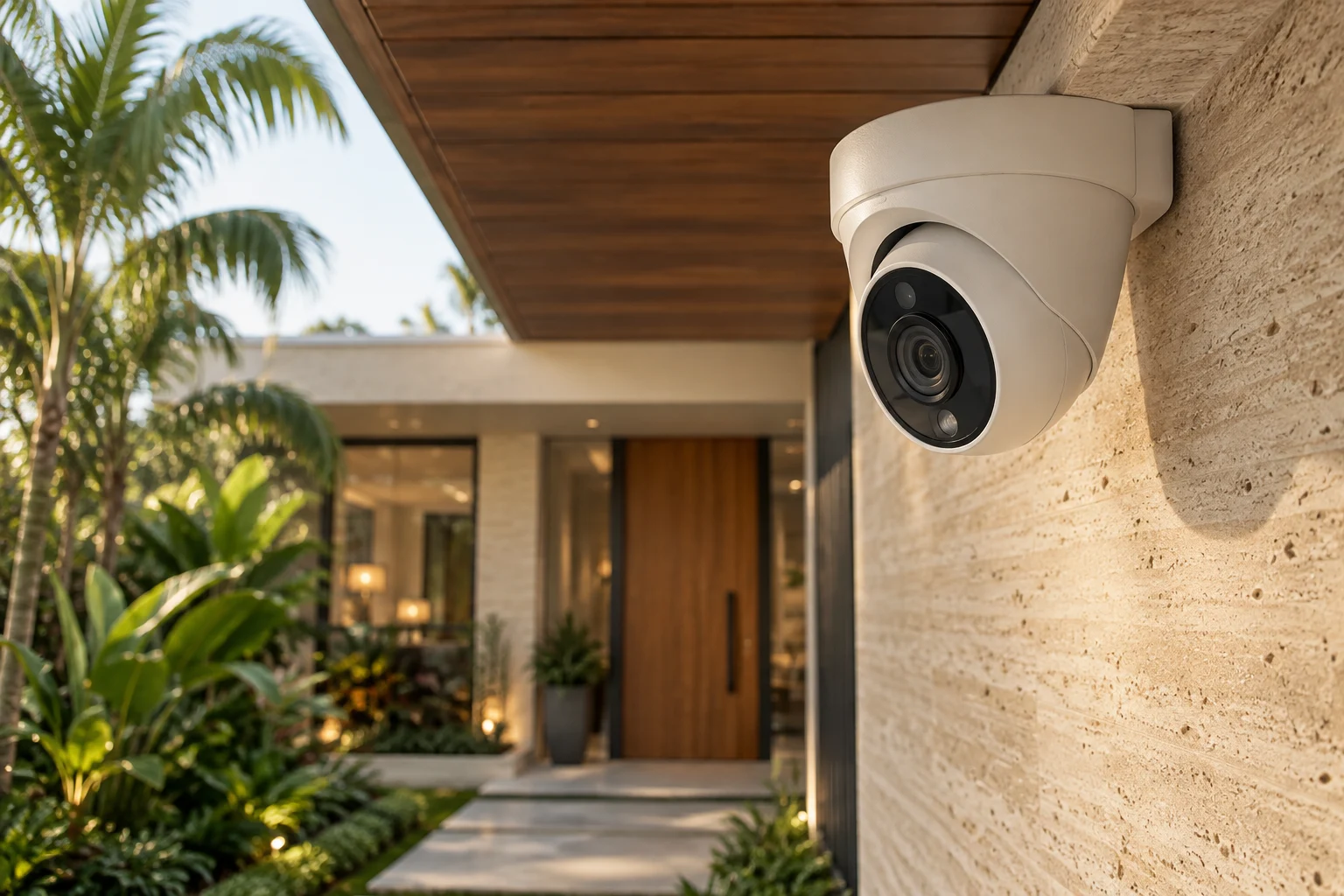 Caméra de vidéosurveillance installée sous l’avancée de toit d’une villa tropicale